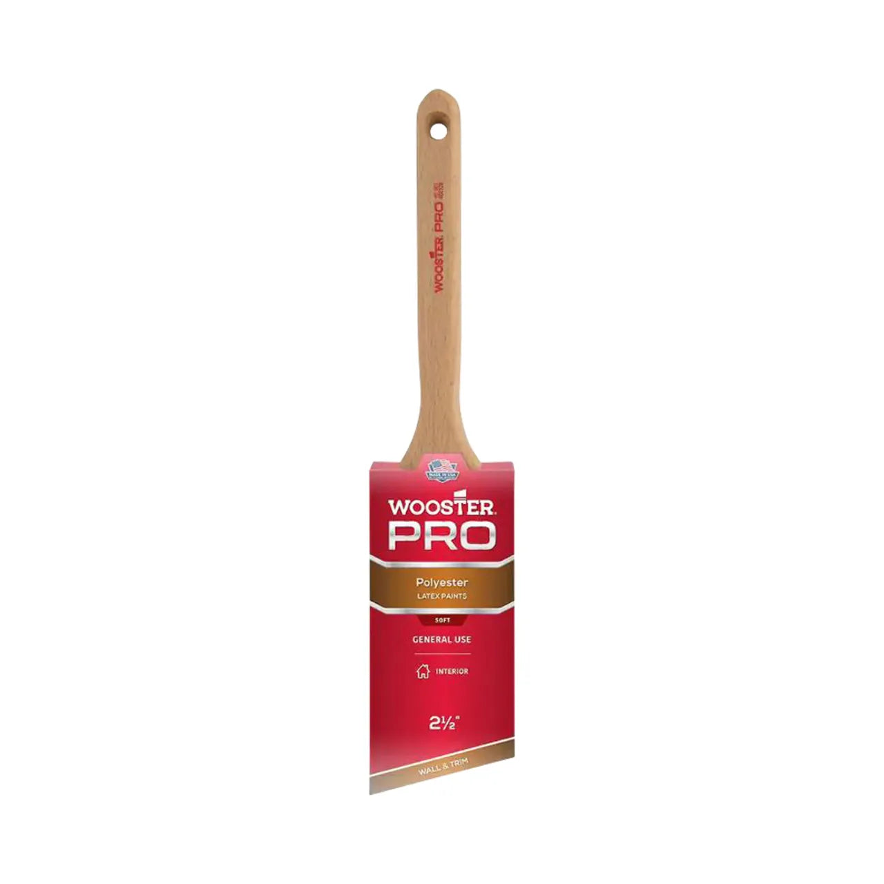 The Go Build 2-1/2 in. Pro Polyester Angle Sash Brush features a wooden handle and is designed for general use with latex paints.